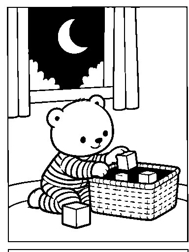 Under the moon, Pip puts toy blocks into a basket.