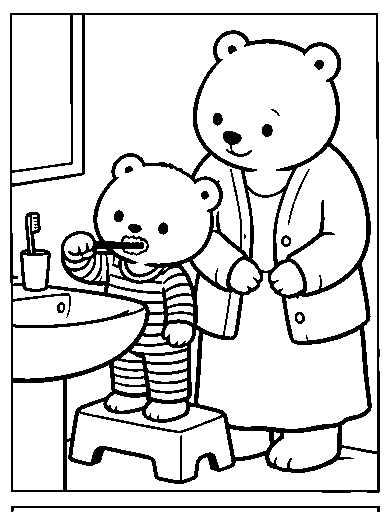 Pip brushes teeth while Mama watches.
