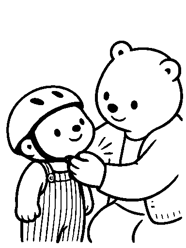 Mama helps Pip fasten a bicycle helmet.