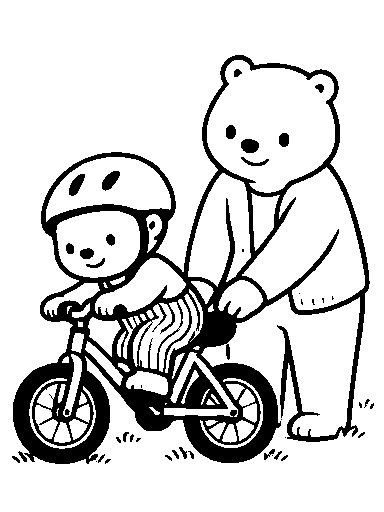 Pip sits on the bike while Mama holds the seat.