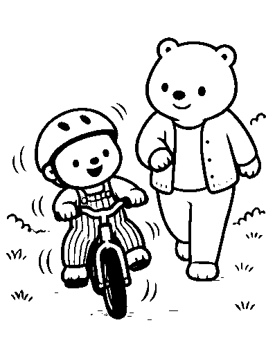 Pip wobbles on the bicycle while Mama walks beside.