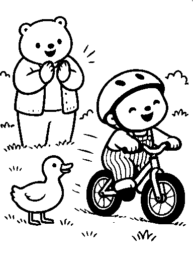 Pip rides past a duck while Mama claps.