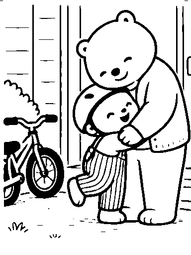 Pip parks the bicycle and hugs Mama.