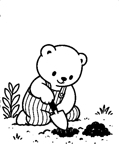 Pip digs a little hole with a trowel.