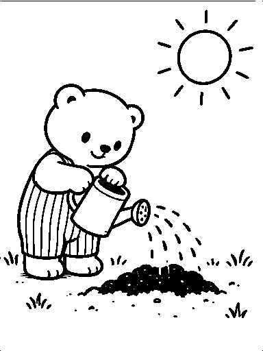 Pip waters the soil under the sun.