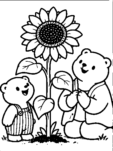 Pip and Mama admire a tall sunflower.