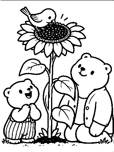 A bird eats seeds while Pip and Mama smile.