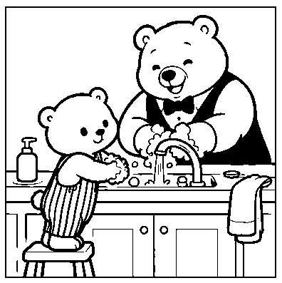Pip and Grandpa wash their paws at the sink.