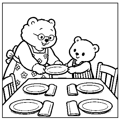 Pip helps Grandma set four places at the table.