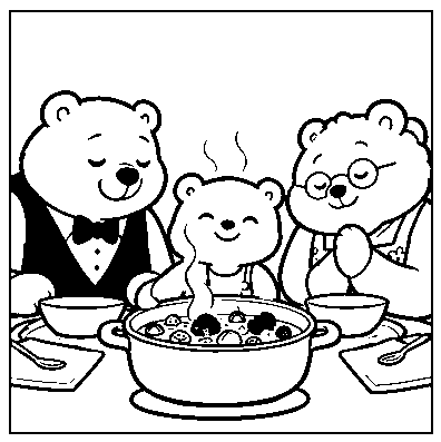 Pip sits with Grandma and Grandpa beside a pot of soup.
