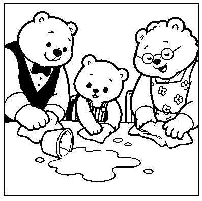 Pip, Grandma, and Grandpa clean up spilled water.
