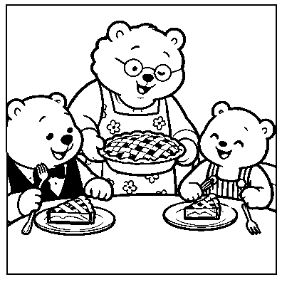 Grandma serves apple pie to Pip and Grandpa.