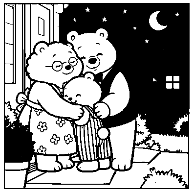 Pip hugs Grandma and Grandpa goodbye under the evening sky.