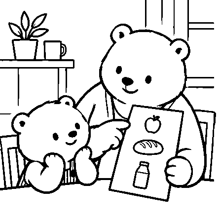 Mama shows Pip a list with an apple, bread, and milk.