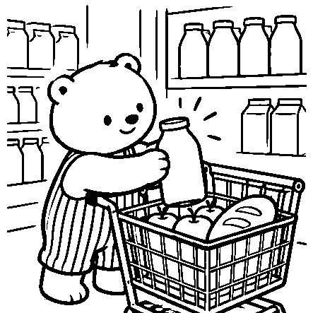 Pip puts milk into the shopping cart.