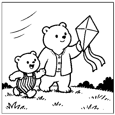 Pip and Mama carry the kite toward a grassy hill.