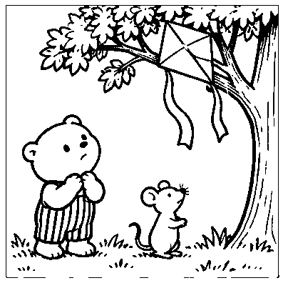 The kite is caught in a tree while Pip and Mouse look worried.