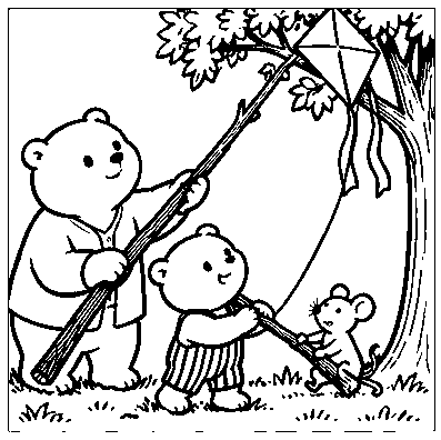 Pip, Mouse, and Mama use a long fallen branch to free the kite.