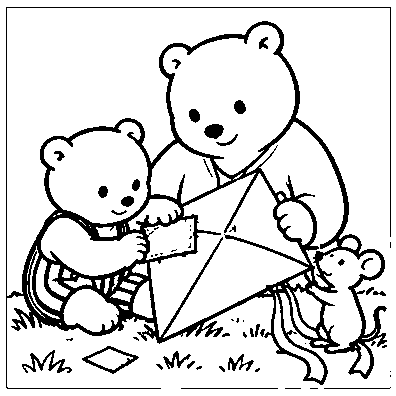 Pip repairs the torn kite while Mama and Mouse help.