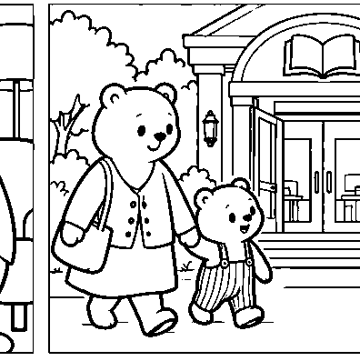 Pip and Mama walk toward the public library.