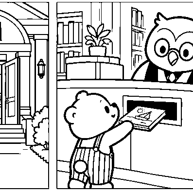 Pip returns a book while the owl librarian smiles.