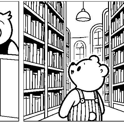 Pip gazes up at tall library shelves.