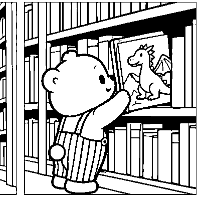 Pip takes a dragon picture book from a low shelf.
