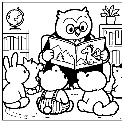 The owl librarian reads to Pip and other children.