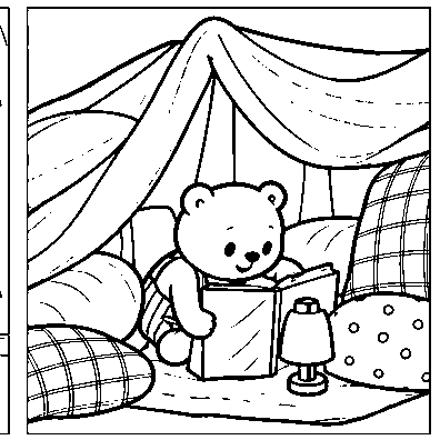 Pip builds a blanket fort with cushions and a lamp.