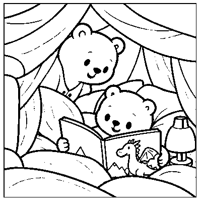 Pip reads the dragon book inside the fort while Mama smiles.