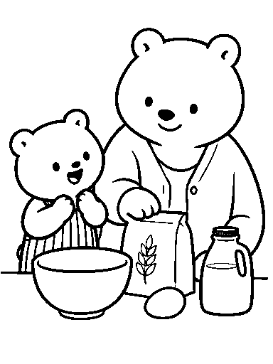 Pip and Mama gather a bowl, flour, an egg, and milk.