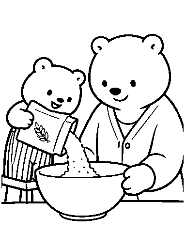 Pip pours flour into the bowl while Mama holds it.