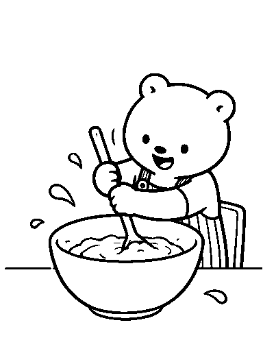 Pip stirs pancake batter with a wooden spoon.