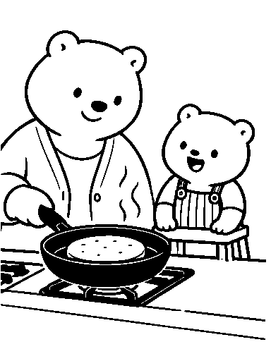 Mama cooks a pancake while Pip waits safely nearby.