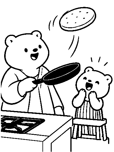Mama flips a pancake while Pip watches in delight.