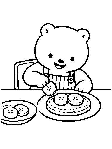 Pip puts banana slices on a pancake.