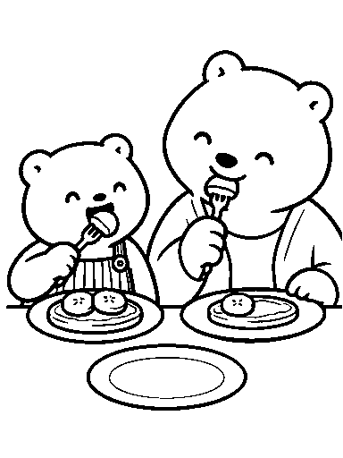 Pip and Mama eat their pancakes together.