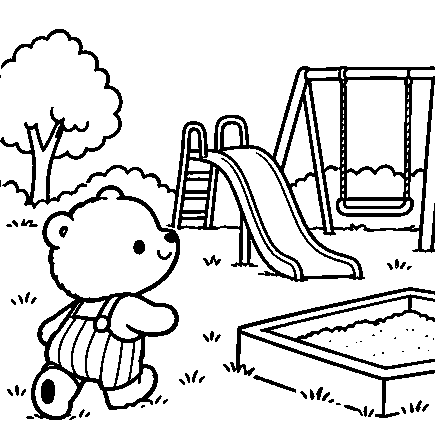 Pip arrives at a playground with a slide, swing, and sandbox.