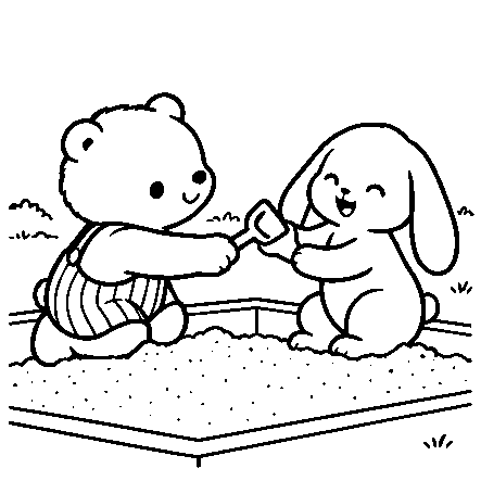 Pip hands the toy shovel to Rabbit.