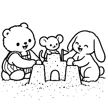 Pip, Rabbit, and Mouse build a sandcastle.