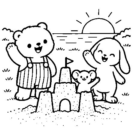 The three friends wave beside their sandcastle.