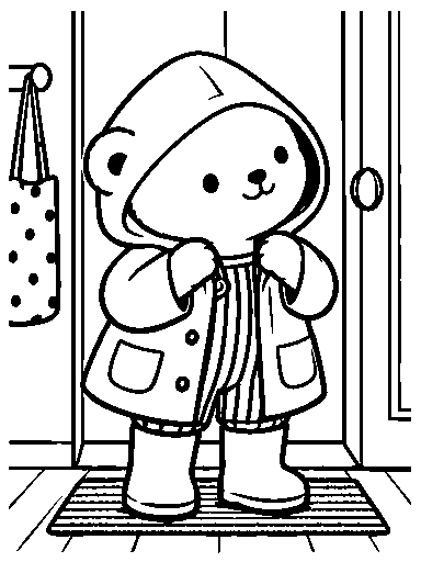 Pip puts on a hooded raincoat.