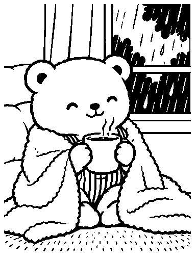 Pip sits indoors with a towel and warm drink.