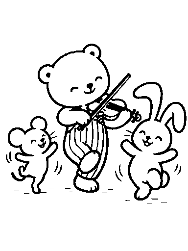 Pip plays while Mouse and Rabbit dance.