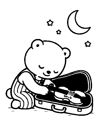 Under the moon, Pip puts the violin back in its case.